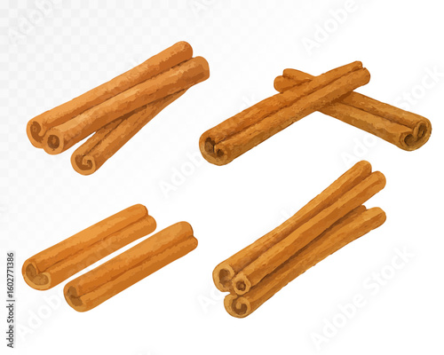 Set of cinnamon sticks drawn in brown watercolor style with detailed texture, symbolizing autumn spices, warmth and cozy seasonal flavors. Vector illustration.