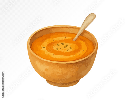 Watercolor bowl of creamy pumpkin soup with spoon, hand-painted in warm tones and cozy autumn palette, perfect for seasonal food illustrations. Vector illustration.