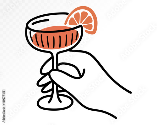 Outline cocktail glass with orange slice in hand for celebration, minimal elegant sketch for drink concept design. Vector illustration