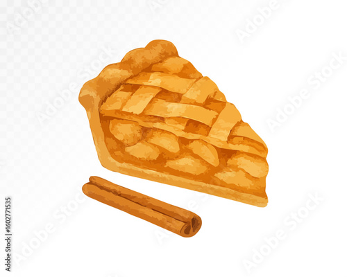 Watercolor realistic slice of apple pie with visible cinnamon stick, golden crust and detailed texture for culinary and dessert-themed compositions. Vector illustration.