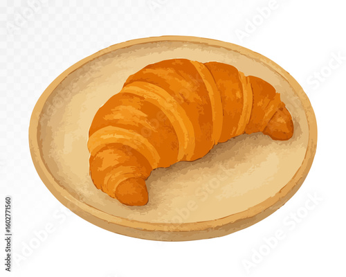 Watercolor golden croissant on ceramic plate, detailed hand-painted food illustration in warm tones, ideal for breakfast or bakery designs. Vector illustration.