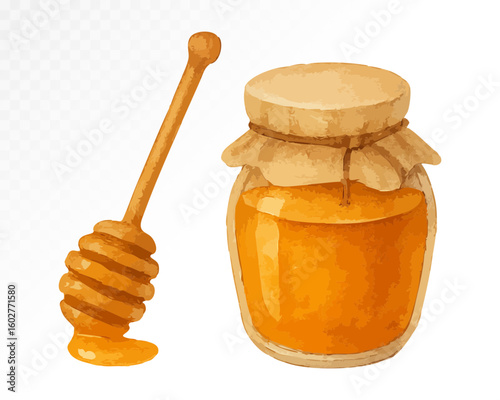 Watercolor honey jar with wooden dipper and golden tones, realistic and appetizing illustration suitable for breakfast or organic food themes. Vector illustration.