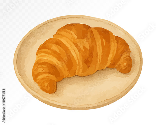 Watercolor hand-drawn illustration of classic croissant on plate, detailed texture with warm brown tones for bakery and breakfast-themed compositions. Vector illustration.