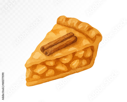 Watercolor realistic slice of homemade apple pie with visible filling and golden crust, detailed food illustration perfect for bakery or dessert design. Vector illustration.
