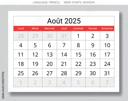 French calendar for august 2025. Vector illustration of month page France