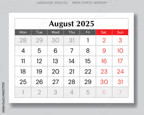 2025 august calendar. Vector English monthly page. Design Monday start