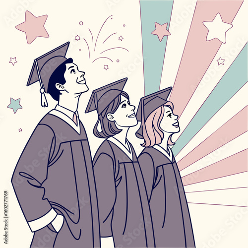 Diverse graduates in caps and gowns look up with hope towards a bright future
