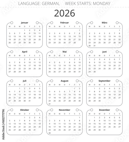 GERMAN calendar for 2026 year. Modern vector illustration for Germany