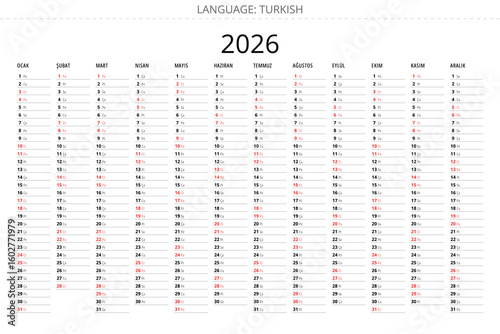 Simple 2026 turkish calendar planner with minimalist design Turkey