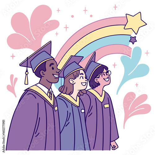 Diverse graduates celebrate future success under a colorful rainbow and starry sky
