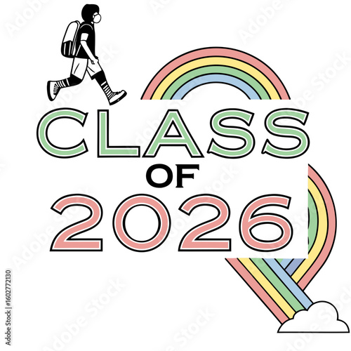 Class of 2026 student with backpack and rainbow design celebrating graduation