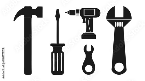 Collection of common hand tools and power drill in silhouette