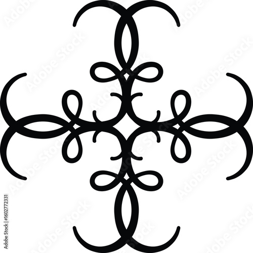 Elegant black symmetrical ornamental flourish design with swirling curves and decorative elements on a white background