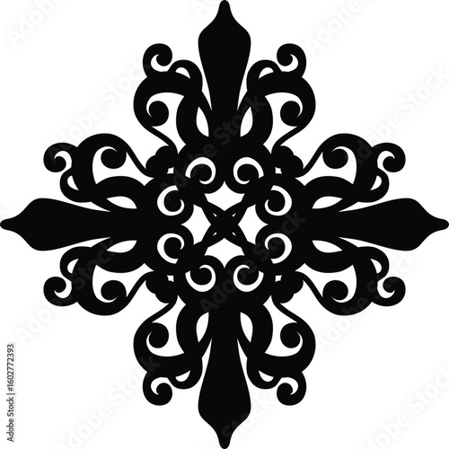 Intricate black ornamental flourish with four symmetrical pointed petal shapes and swirling scrollwork