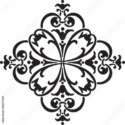 Elegant black and white ornate floral scrollwork design with symmetrical flourishes and decorative swirls