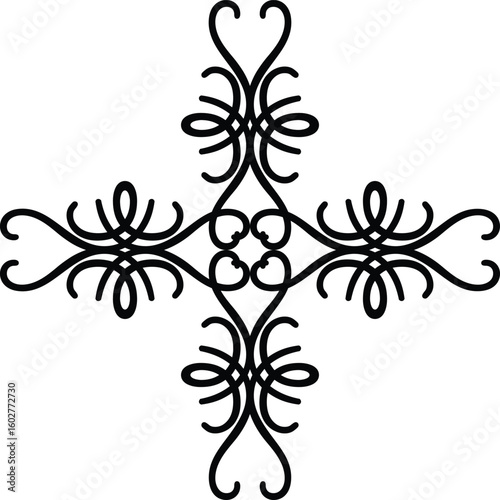 Elegant black symmetrical ornamental flourish design with swirling curves and decorative elements on a white background