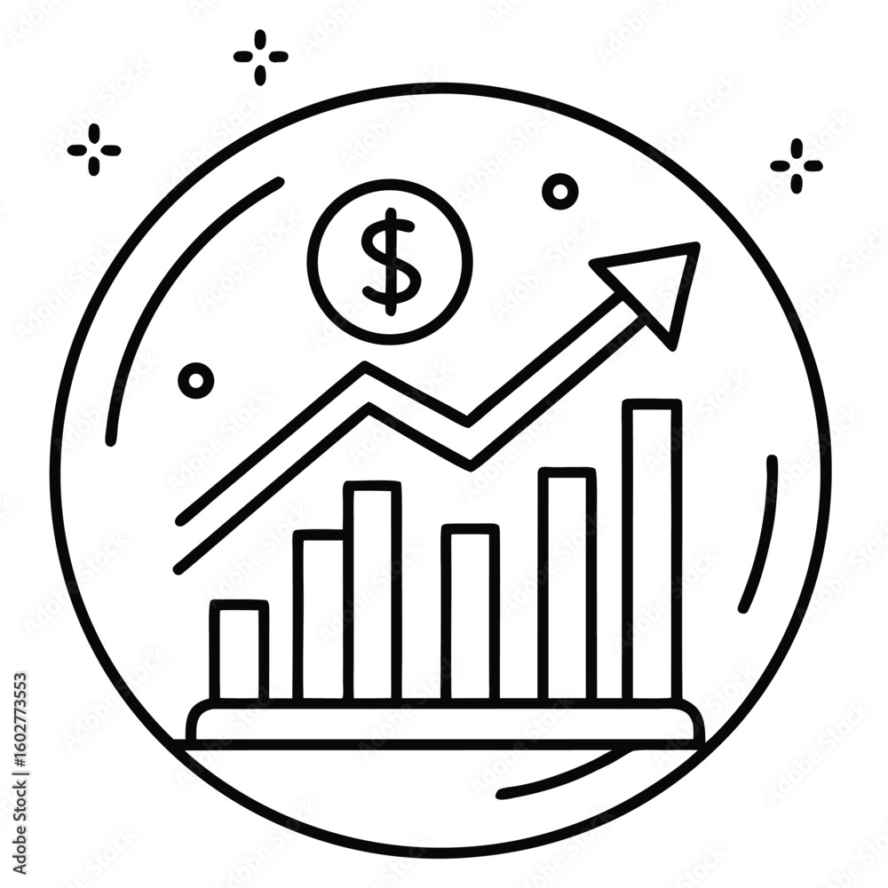 Financial growth icon a stylized illustration depicting a rising bar graph with an upward trending arrow and a dollar sign symbolizing financial success and investment Financial growth icon a stylized illustration depicting a rising bar graph with an upward trending arrow and a dollar sign symbolizing financial success and investment
