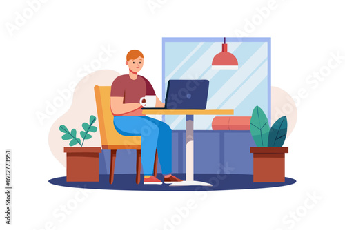 Man working remotely at cafe with laptop vector illustration for freelancer work