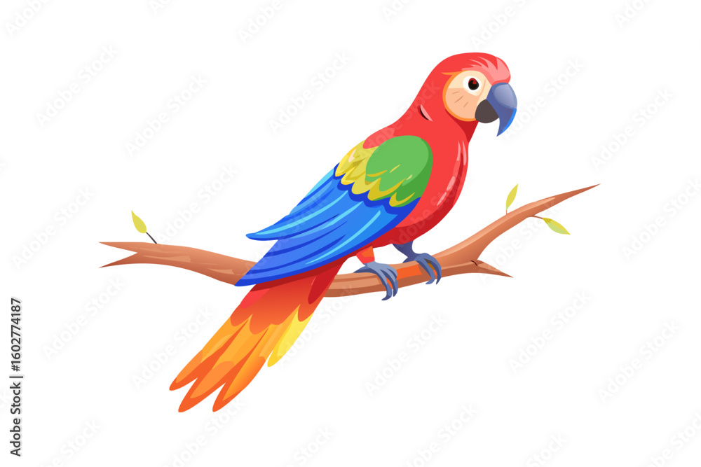 Fototapeta premium Colorful parrot illustration vector graphic of scarlet macaw perched on branch art