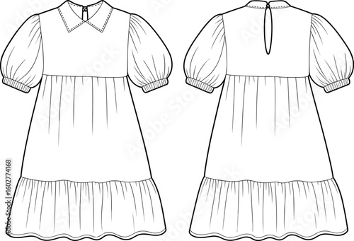 Girls puff sleeve dress, gathered tier skirt, flat sketch, front and back view, technical fashion illustration, cad drawing vector