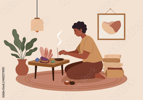 A person kneels, lighting incense, surrounded by crystals and a serene room.