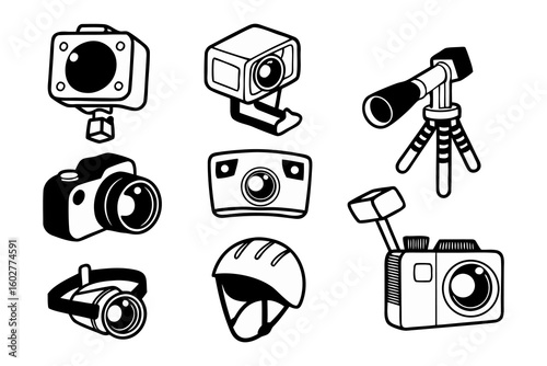Collection of hand drawn illustrations showcasing various cameras action cameras and a telescope on a white background