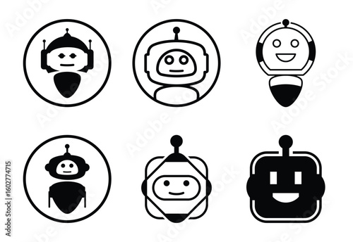 Collection of six friendly robot icons in outline and silhouette styles