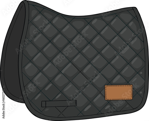 Flat sketch of quilted horse saddle pad with diamond stitch, leather patch detail, equestrian accessory design, vector illustration for tack template