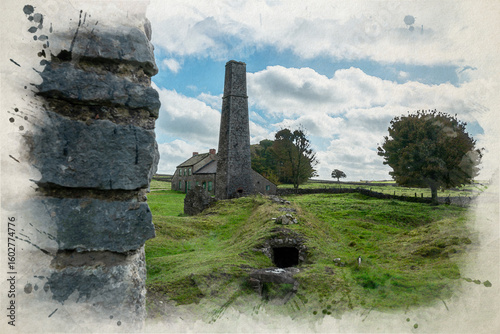 Digital watercolour painting of Magpie Mine in the Derbyshire Peak District National Park.