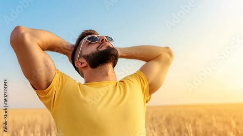 Relaxed man in yellow shirt with hands behind head outdoors. Perfect for wellness and stress-relief product marketing materials.