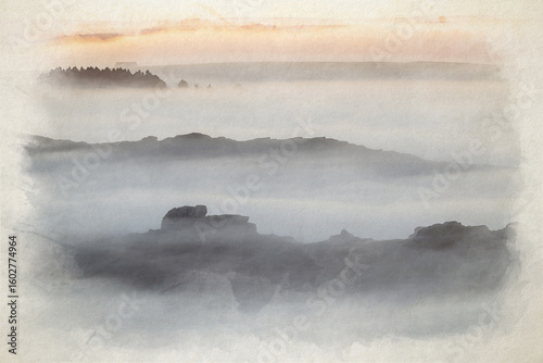 Digital watercolour illustration of a Peak District landscape vignette during a winter sunrise cloud inversion.