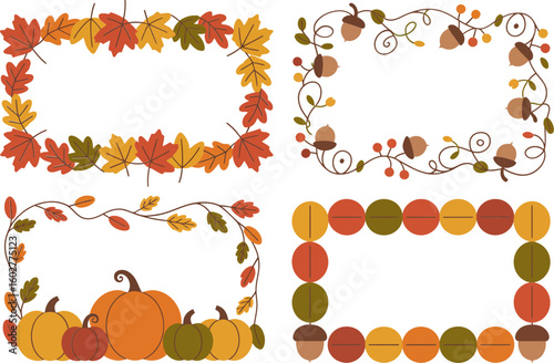 Pumpkin and leaves border frame set with cute fall accents, designed for card, scrapbook page or printable recipe template  