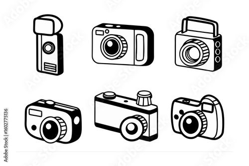 A collection of six hand drawn vintage and modern cameras in a simple black and white line art style