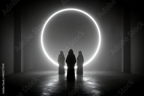 Mysterious figures in dark robes standing before glowing circle in foggy room