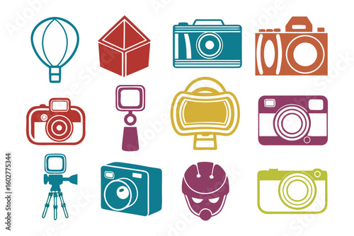 A colorful collection of iconic travel and photography equipment icons featuring cameras hot air balloons and more
