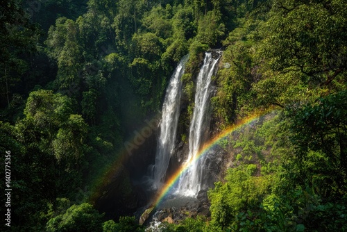 Lush rainforest surrounds twin waterfalls with vibrant rainbow
