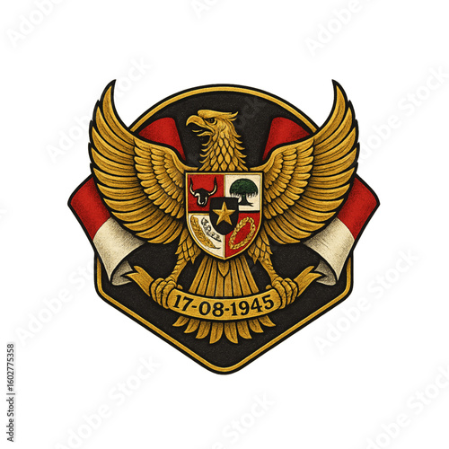 Decorative badge emblem with a detailed golden Garuda Pancasila holding a ribbon marked “17 Agustus”, red and white flag elements behind, strong contrast, clean edges, transparent back