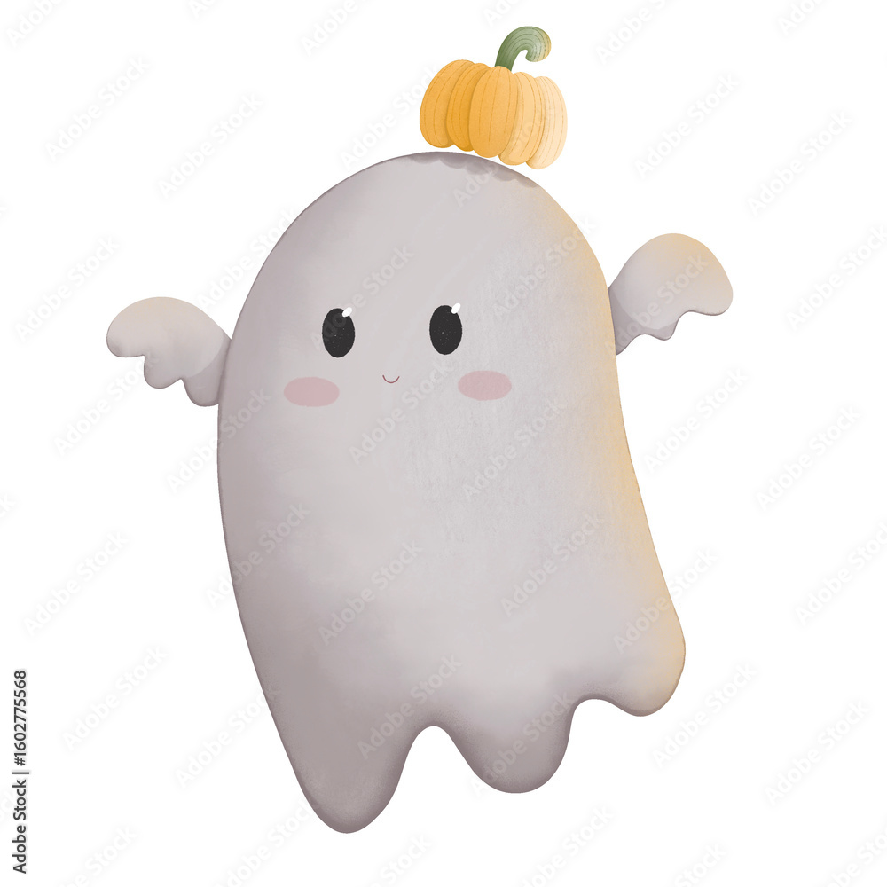 Obraz premium Cute Halloween ghost with pumpkin hat