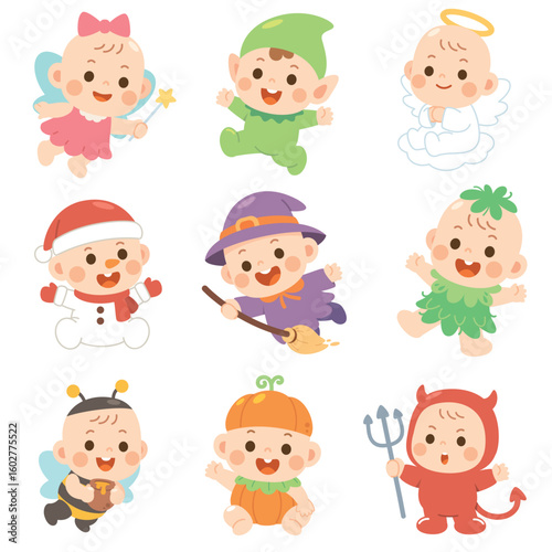Set of Cute Baby Characters in Fantasy and Holiday Costumes – 9 Adorable Designs