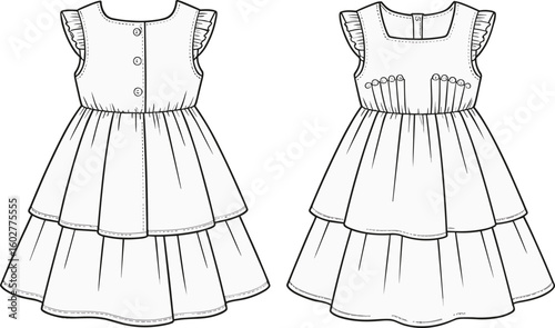 Girls tiered dress flat sketch, ruffle sleeve baby dress cad design, kids fashion illustration, front back vector template