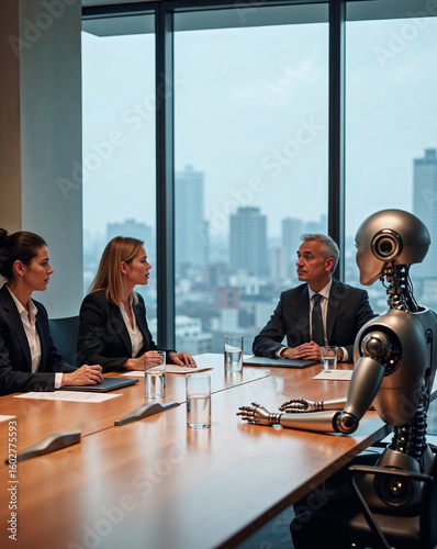 A group of workers and a robot in a business meeting
