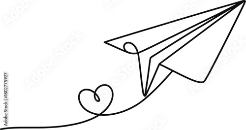 Black line art paper airplane with heart shape trail on white background