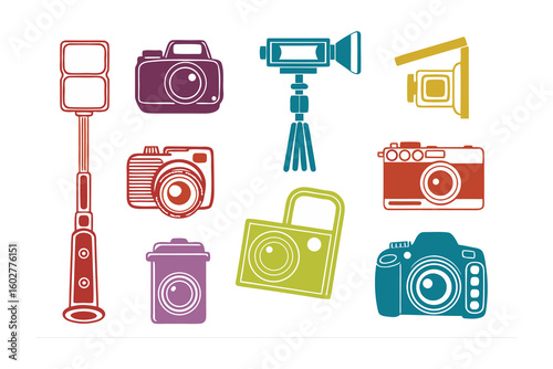 A vibrant collection of retro and modern photography and videography equipment featuring cameras and accessories