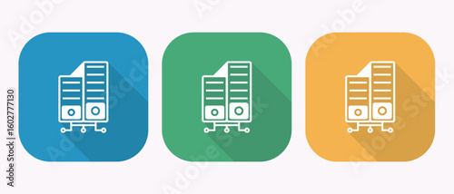 Three server rack icons in blue green and orange with long shadows