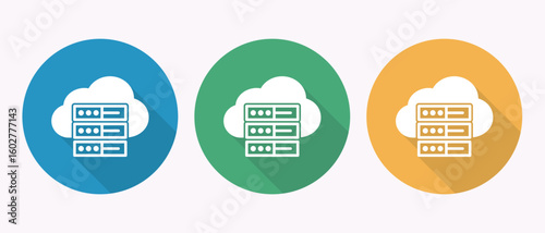 Three flat design icons representing cloud data storage and databases