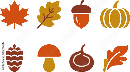 Fall icons border with maple leaves, mushrooms, acorns, pumpkin, decorative frame, printable card, sticker set