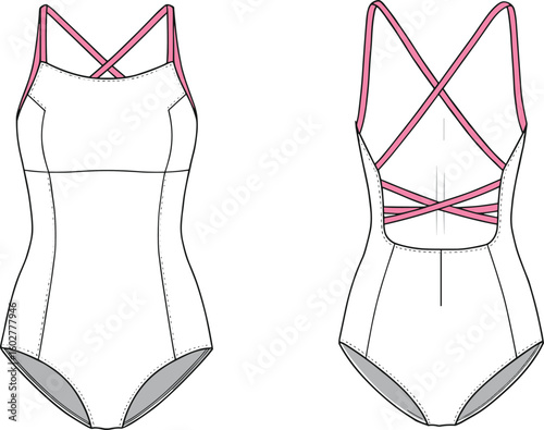 Women’s one-piece swimsuit flat sketch with crisscross back straps, contrast trim, front and back view, fashion technical swimwear illustration