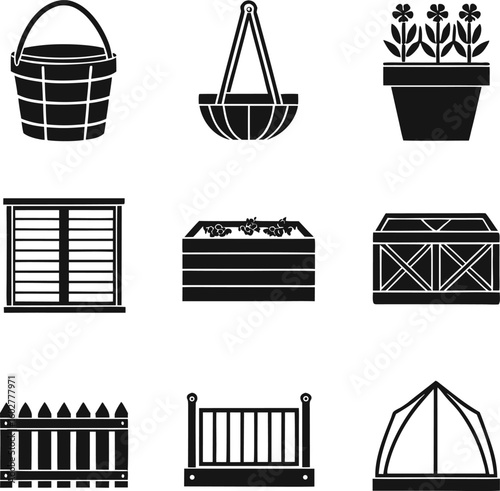 Garden, Icon, Set, Outdoor, Plant, Container, Home, Hobby, vector, silhouette