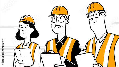Group of cartoon construction workers in orange safety vests and helmets holding clipboards and looking ahead seriously