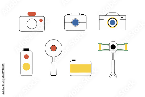 Collection of hand drawn icons featuring various photography and videography equipment for creative projects